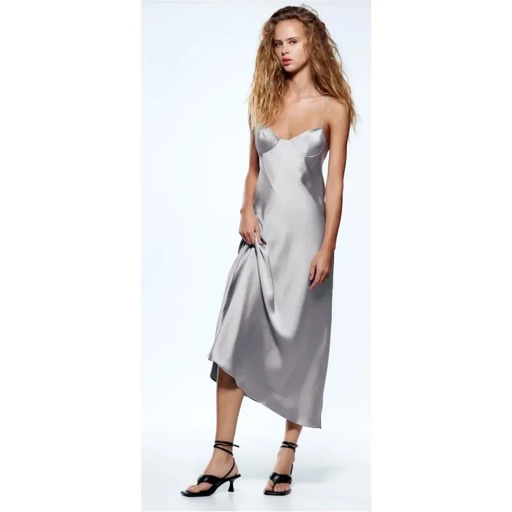 Nwt Zara Satin Effect Cut Out Dress In Silver Size XXL ~ NWT